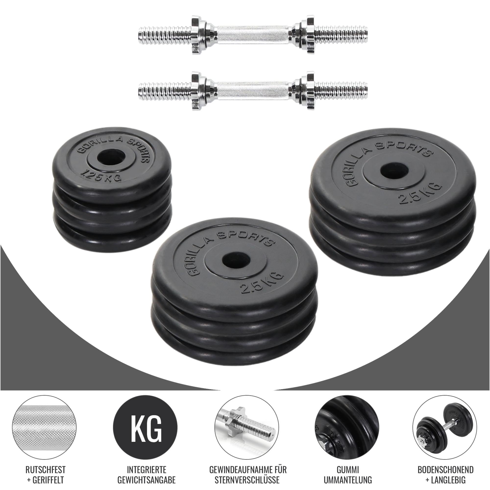 GORILLA SPORTS® Set di Manubri Corti - 20kg / 30kg, Coppia, 30mm, 2 Barre, Dischi di Peso in Ghisa, Rivestiti in Gomma, Antiscivolo - Dumbbell, Pesi per Palestra, Sollevamento, Allenamento della Forza