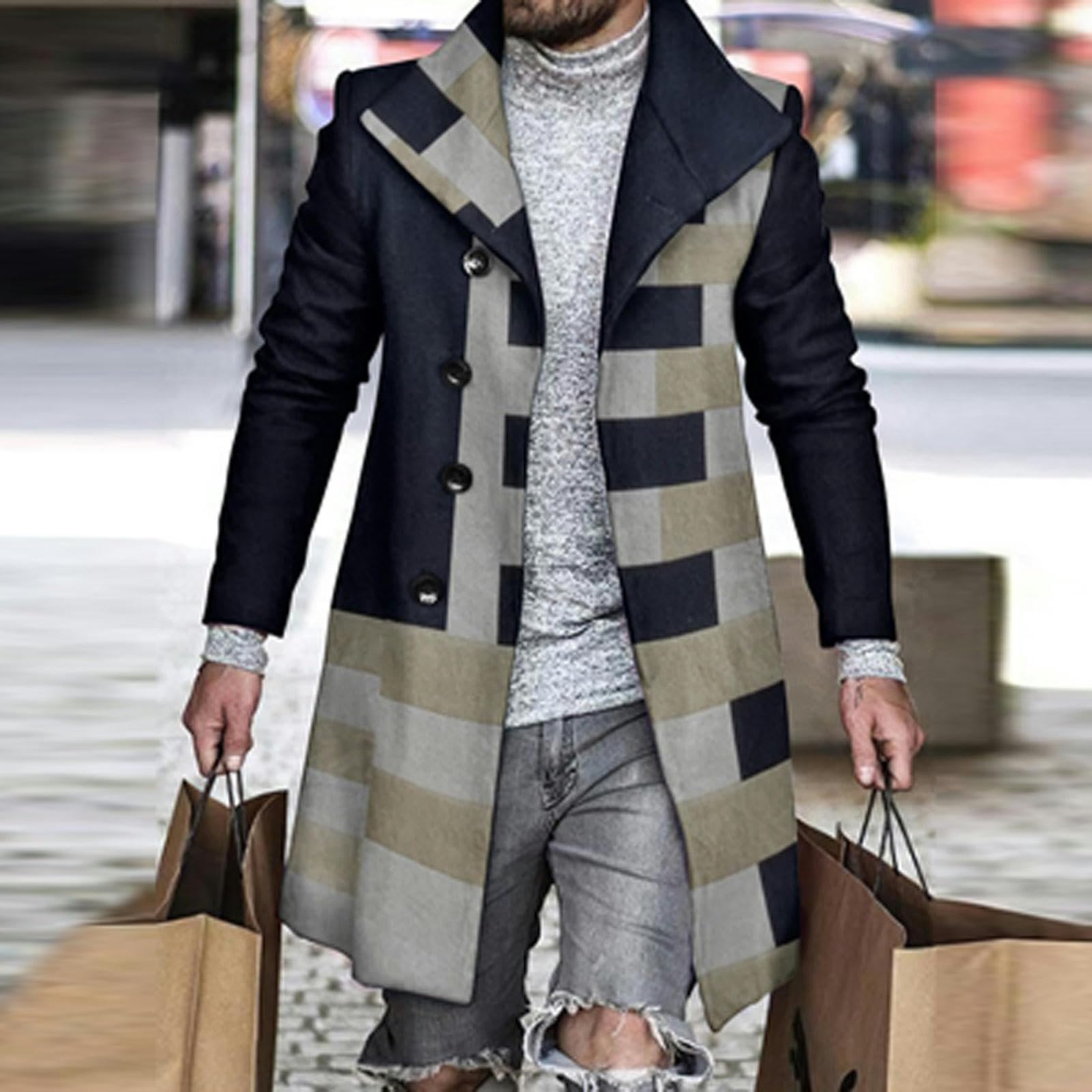 Cappotto di Lana con Impunture con Stampa Pied de Poule retrò Uomo Casual Giacca con Bottoni con Colletto rovesciato Autunno Inverno Tasca Lunga Giacca a Vento da Uomo