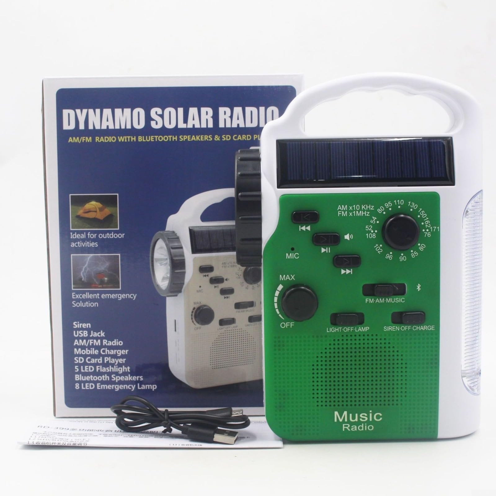 Radio d'urgence Multi-Fonctionnelle Radio et Lampe de Poche Solaires ainsi Manuelles chargeur de téléphone portable(green)