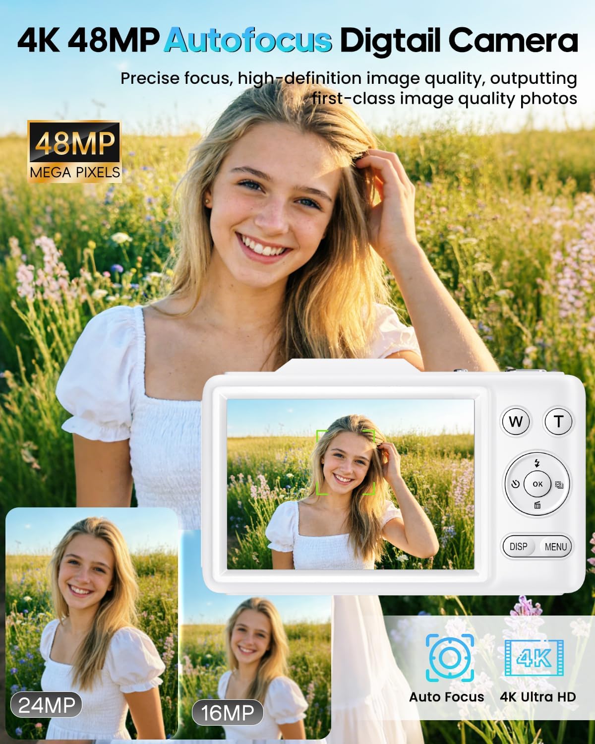 Digital Camera 4K Autofocus Vlogging Camera for Photography with 16X Zoom Anti Shake, 32GB Card, 48MP Compact Portable Point and Shoot Camera for Kids Boys Girls Teens Beginner（White）
