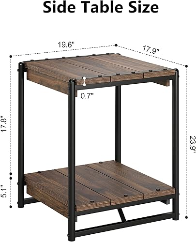 Miniatura 8 de Mesa auxiliar, mesa auxiliar cuadrada moderna industrial, mesita de noche de madera con marco de metal de 2 niveles, mesas auxiliares, muebles para