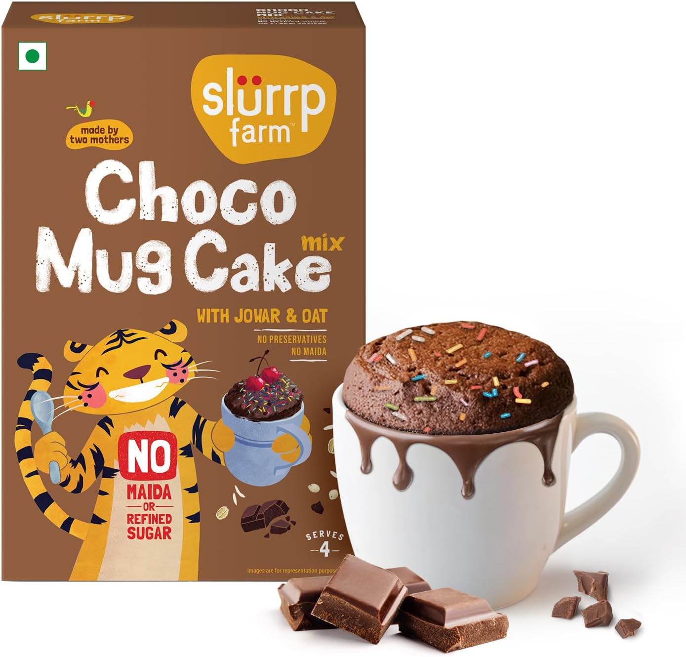 Slurrp Farm NO Maida Choco Mug Cake Mix | Made with Jowar & Oat | No Refined Sugar & Eggless Instant Cake Mix Powder | 3 Easy Steps Whisk, Scoop & Bake | Indulgent Chocolate Mug Cake | 100% Vegetarian | Healthy Mug Cake Mix | Serves 4 , 280 g