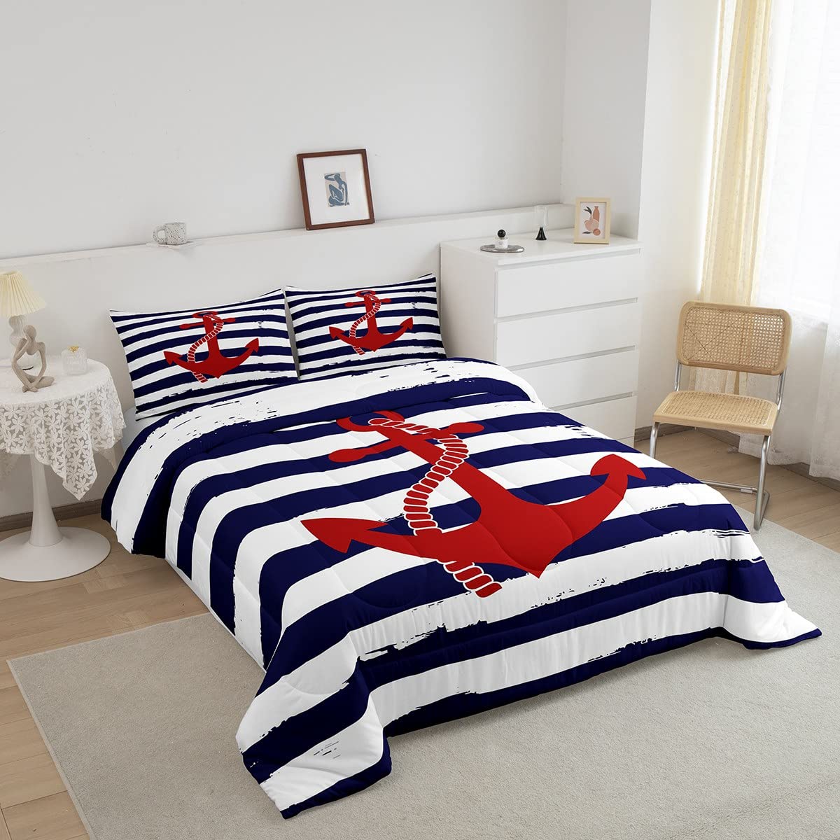 Condition photo showing New/Like New for castle fairy geometric stripes comforter set twin size,nautical anchor bedding sets 2pcs kids boys bedroom decor ocean adventure theme quilted duvet modern navy blue red bedspread with 1 pillowcase