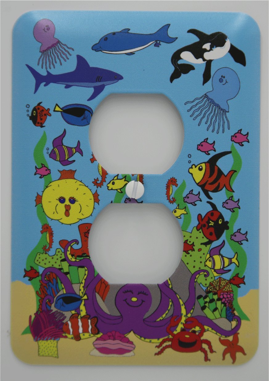 Under Sea Light Switch Plates with Dolphins, Whale, Sharks, Octopus, Jelly Fish and Clown Fish/Under The Sea Children's Nursery Wall Decor (Outlet Cover)