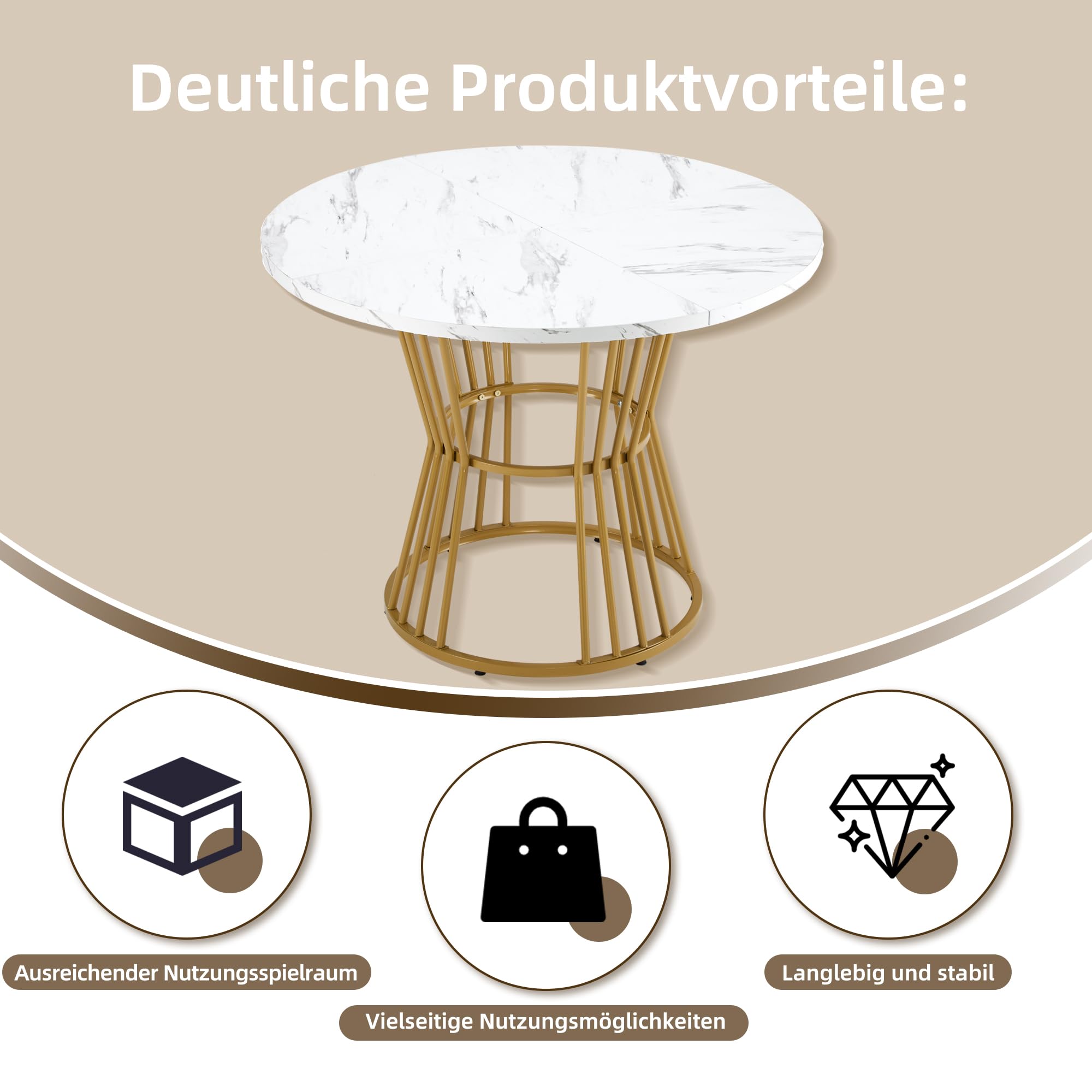 Runder Esstisch 100 cm mit Marmoroptik & Goldbeinen – Stabiler Küchentisch aus MDF mit Metallgestell, weiß-Gold Design für Esszimmer, Wohnzimmer & Homeoffice, Kleiner Tisch für 4 Personen