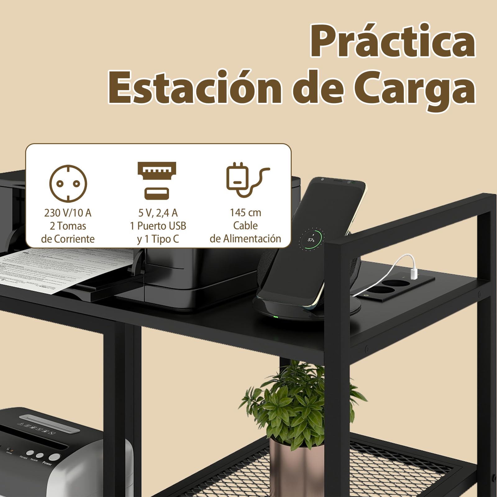 GIANTEX Mesa para Impresora con Enchufes, Mesa Auxiliar 3 Niveles con Estante Móvil con Ruedas, 63,5 x 40 x 72 cm, Soporte para Impresora para Oficina, Dormitorio, Salón (Negro)