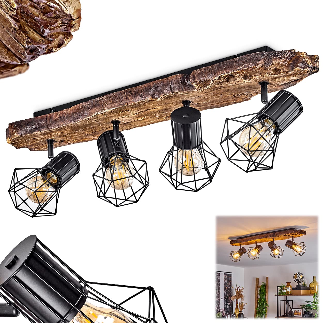Bardhaman Ceiling lamp, Metal Ceiling lamp in Black/Wood Look, Retro/Vintage Design Spotlight with Adjustable lampshades in Lattice Look with Light Effect, 4-Flame, E27 Socket, Bulbs not Included
