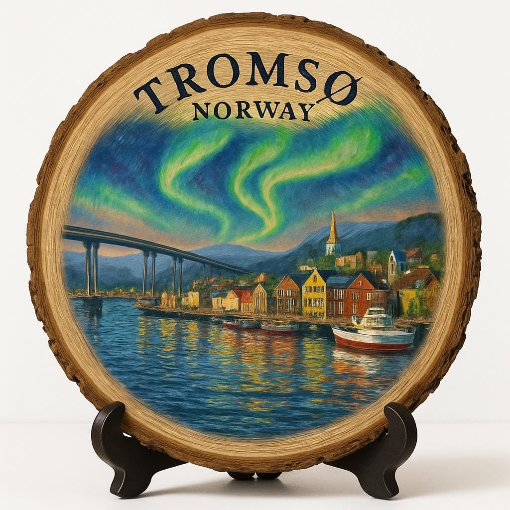 Tromsø Souvenir Gift – Wood Slice Plaque for Wall or Table, Norway Souvenir for Tourists, Plate Collectors & Travel Lovers, Northern Lights Decorative Gift