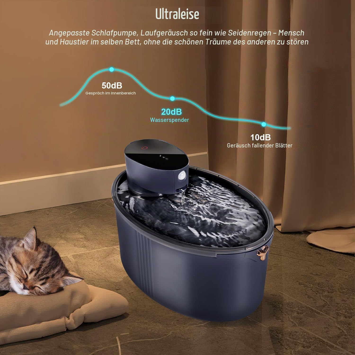 Wasserbrunnen für Katzen, 2,5 l – Bewegungsmelder, wiederaufladbarer Akku 4000 mAh, leise, Schwarz