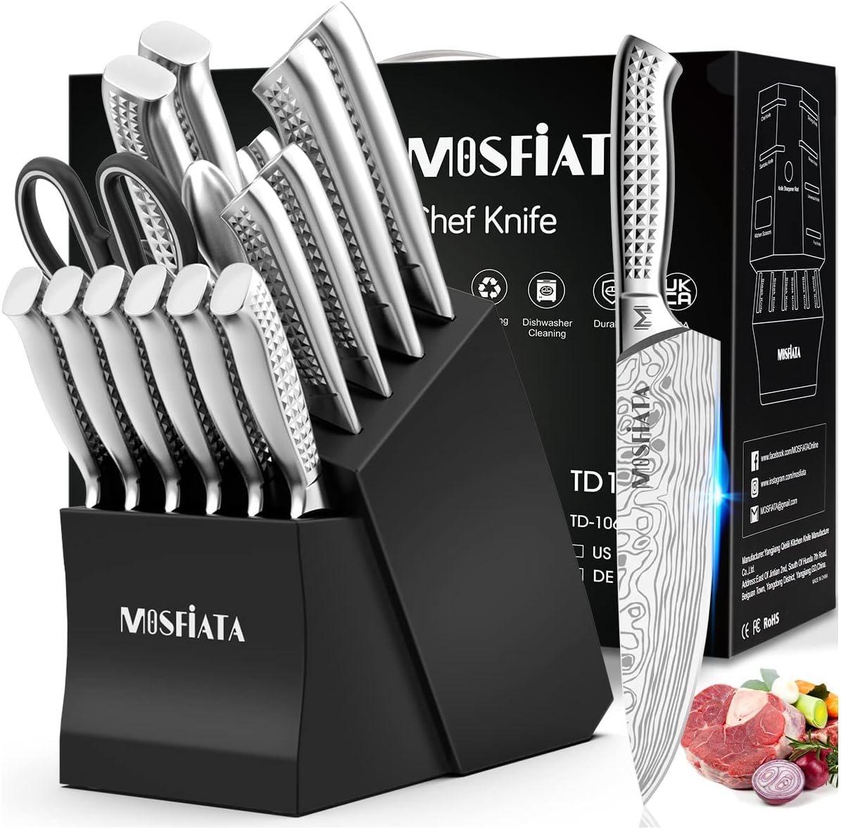 MOSFiATA Japanese Stainless Steel Knife Set, 17 Pcs with Block, Knife Sharpening Rod, Dishwasher Safe, Dad Birthday Gift