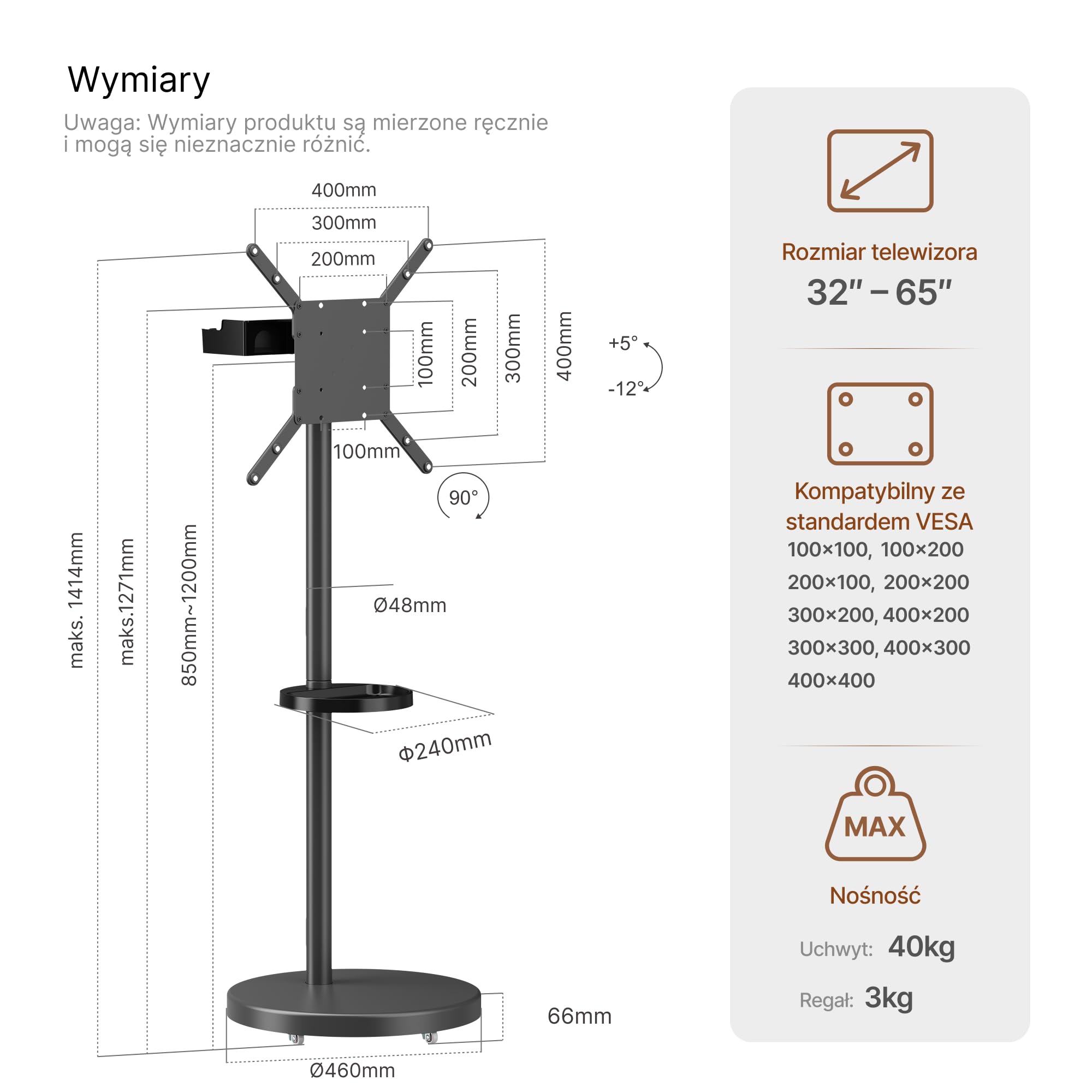 Mobilny stojak pod telewizor na kółkach – do ekranów 32–65 cali | do 40 kg– z regulacją wysokości i półką – obrót pion/poziom – maks. VESA 400x400 mm – Czarny