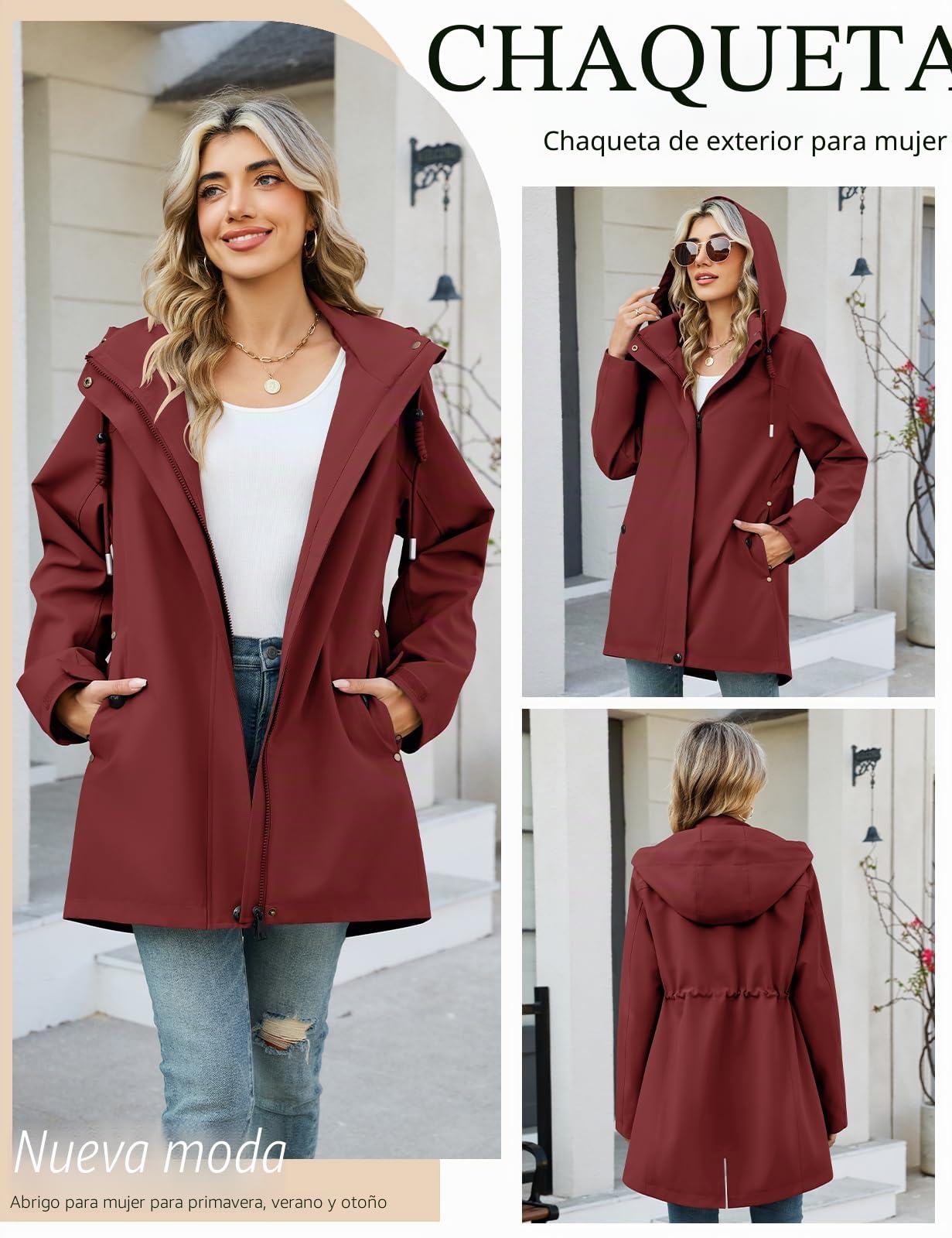 CMTOP Chaqueta Mujer Entretiempo Softshell Impermeable, Chaquetas Mujer Larga Cortavientos con Capucha Desmontable, Parka Abrigo Ligera con Bolsillos para Primavera y Otoño