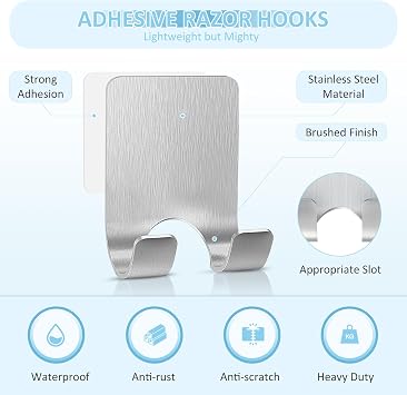 VIS'V Shower Wall Razor Holder, Metal Adhesive Razor Hooks for His and Hers, Waterproof, Silver, 2 Pcs