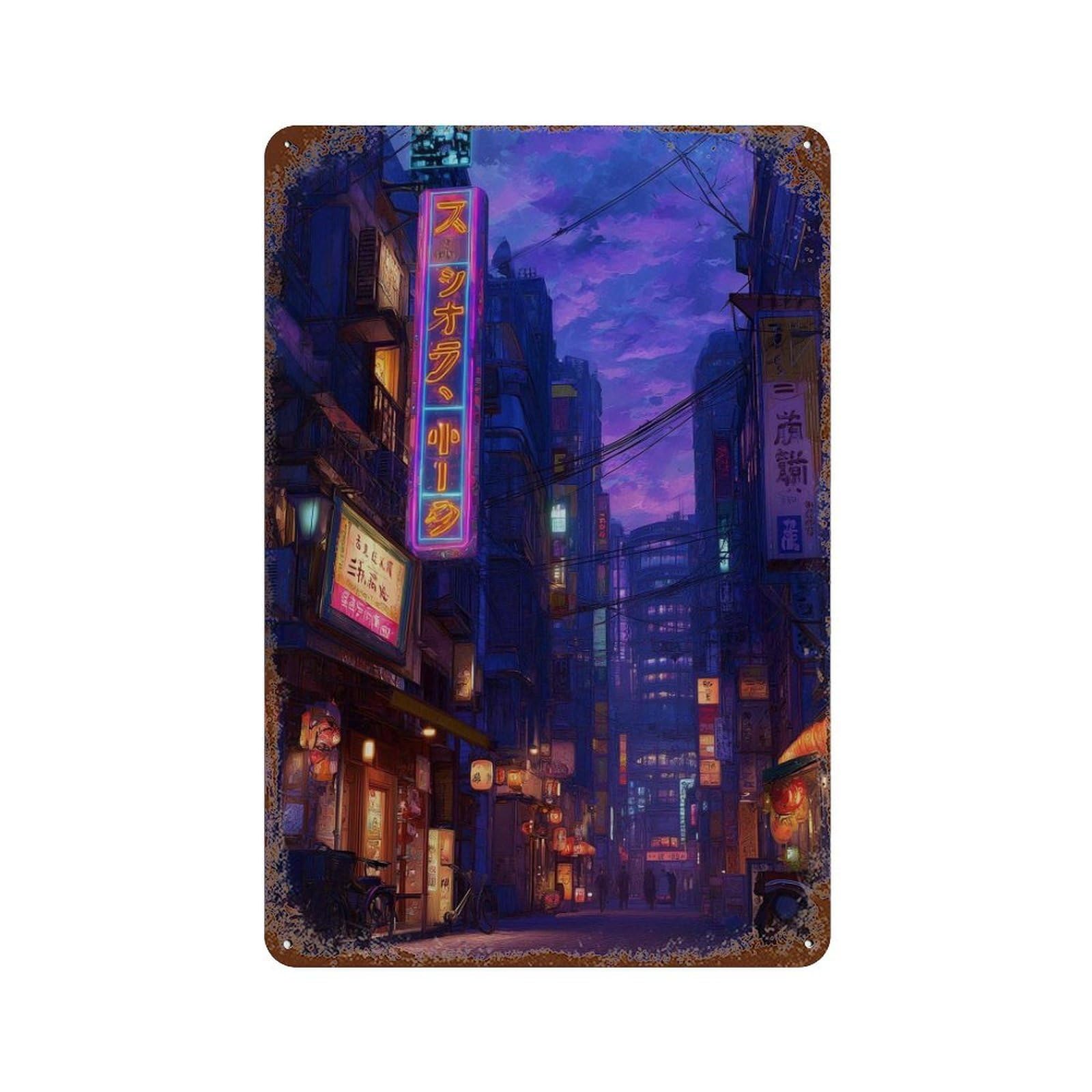 xiaoxiaoshen Neon Tokyo Street Cyberpunk Night City Japanese Urban Lights Futuristic Anime St Wall Decor Art Metal Tin Poster Modern Home Decor Art Home Bar Shop Decorations Vintage Sign 30x20cm