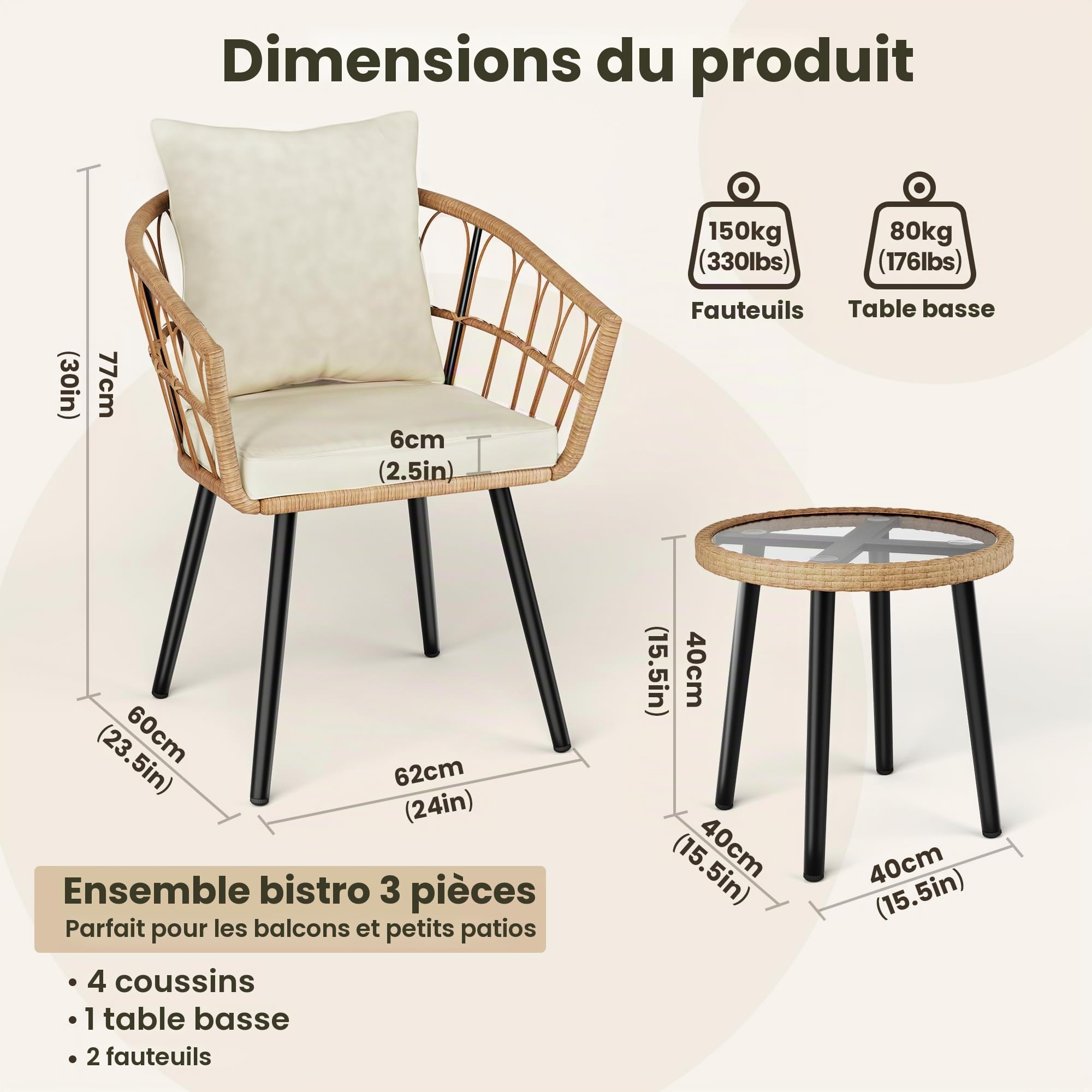 Pamapic Salon de Jardin 3 Pièces Ensemble Meubles de Jardin en Rotin avec Table Ronde et 2 Chaises