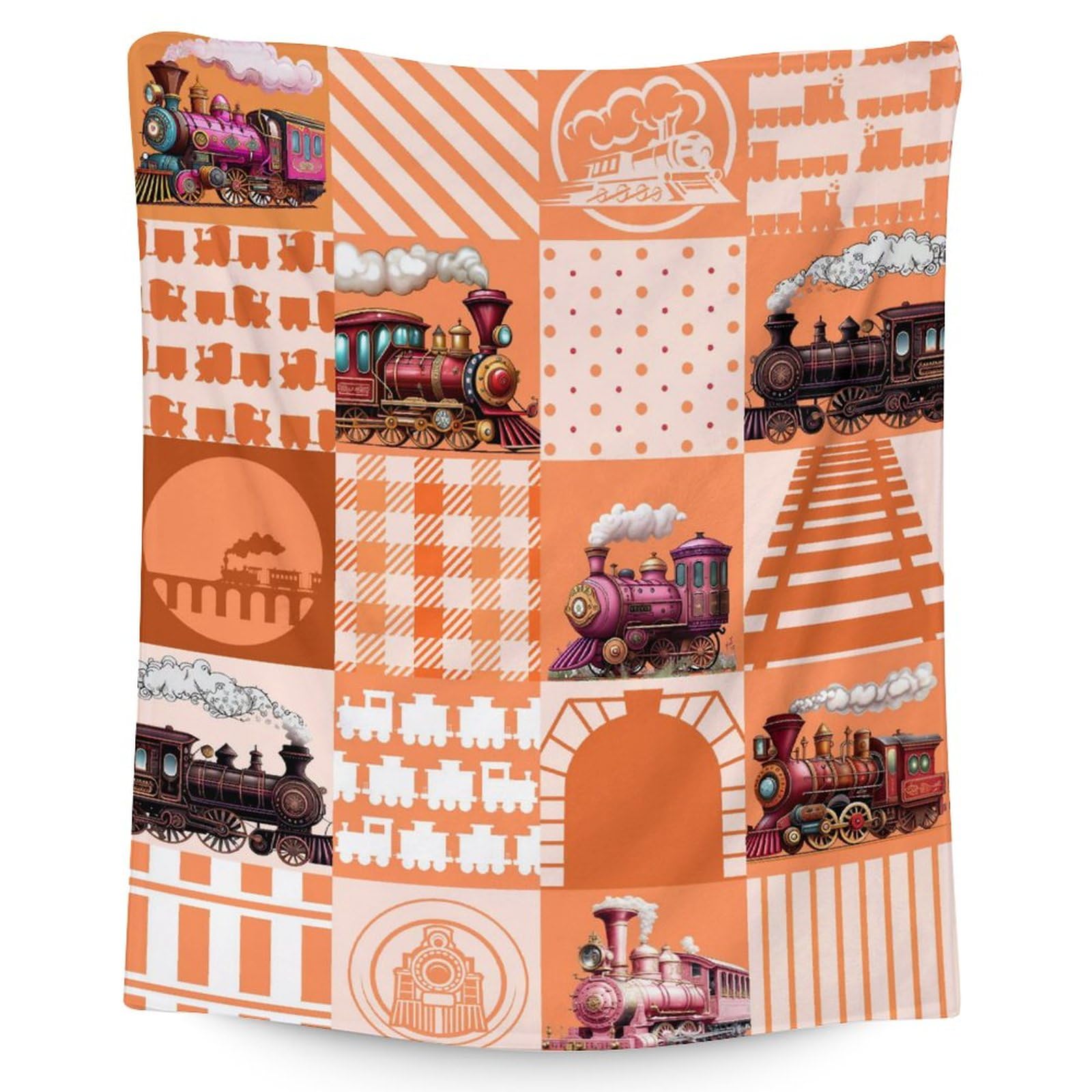 Train Blanket for Boys - 50x60 Inches Throw Size - Soft Fuzzy Plush Throws Gifts - Orange Cute Throw Blanket for Bed, Couch &amp; Sofa