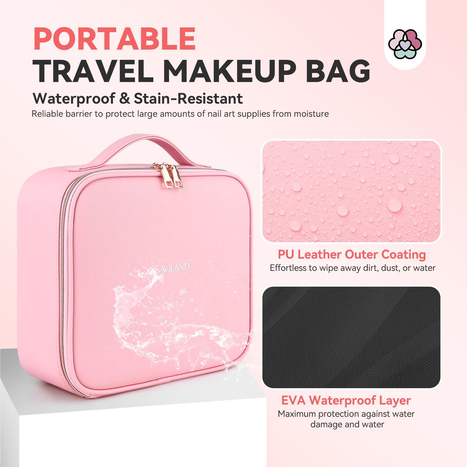 SAVILAND Reise-Makeup Tasche PU-Leder Kosmetiktasche mit Wiederaufladbarer beleuchtetem Spiegel, Kosmetiktasche Einstellbarer Helligkeit in 3 Farbszenarien Make up Tasche mit verstellbaren Trennwänden