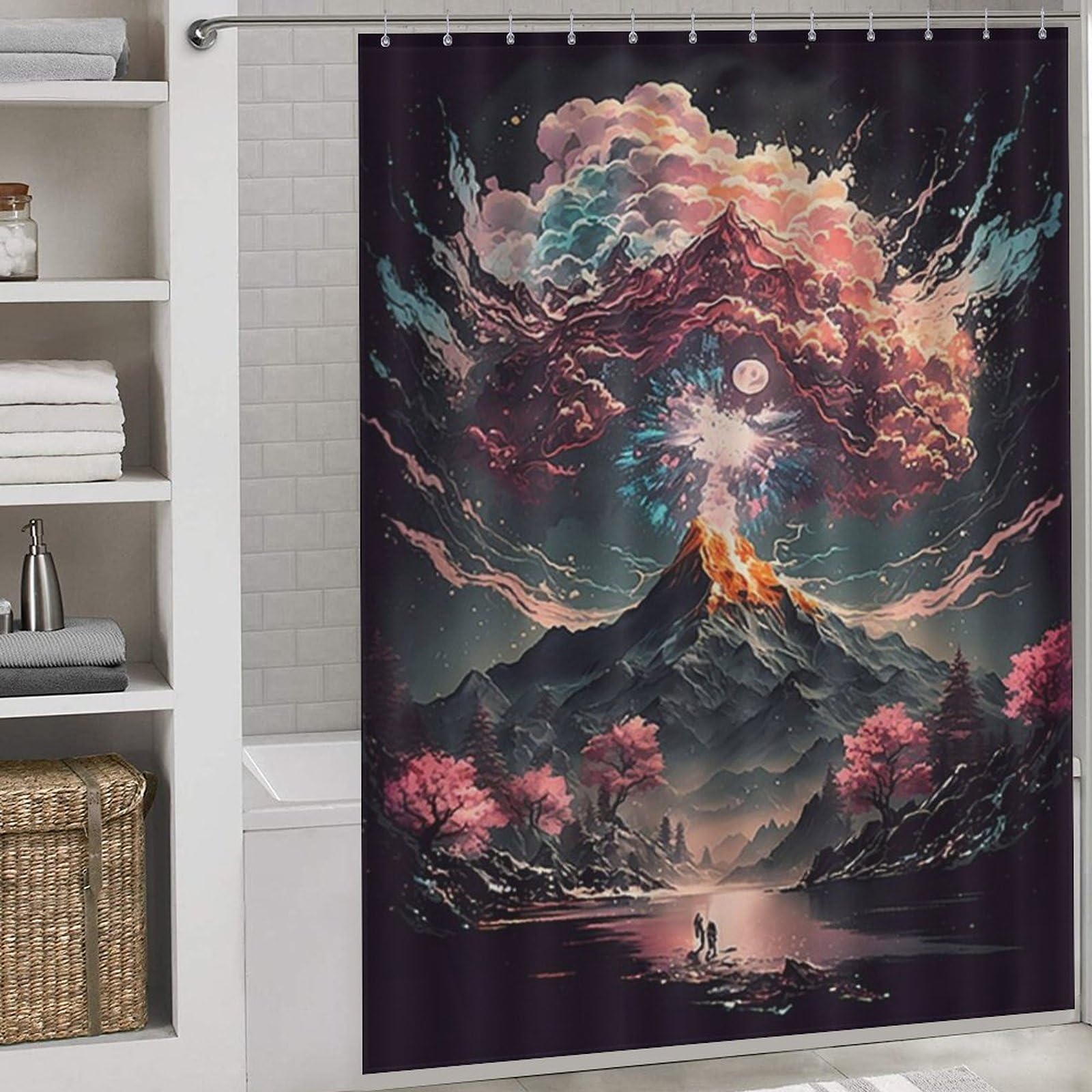 Rideau de douche avec crochets motif cerisier japonais rideau baignoire étanche