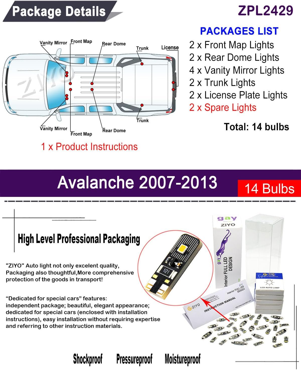 ZIYO ZPL2429 LED Interior Light Kit Replacement for Chevrolet Avalanche 2007-2013 + License Plate Light Bulbs Package, White Dome Lights Upgrade(14 Bulbs)
