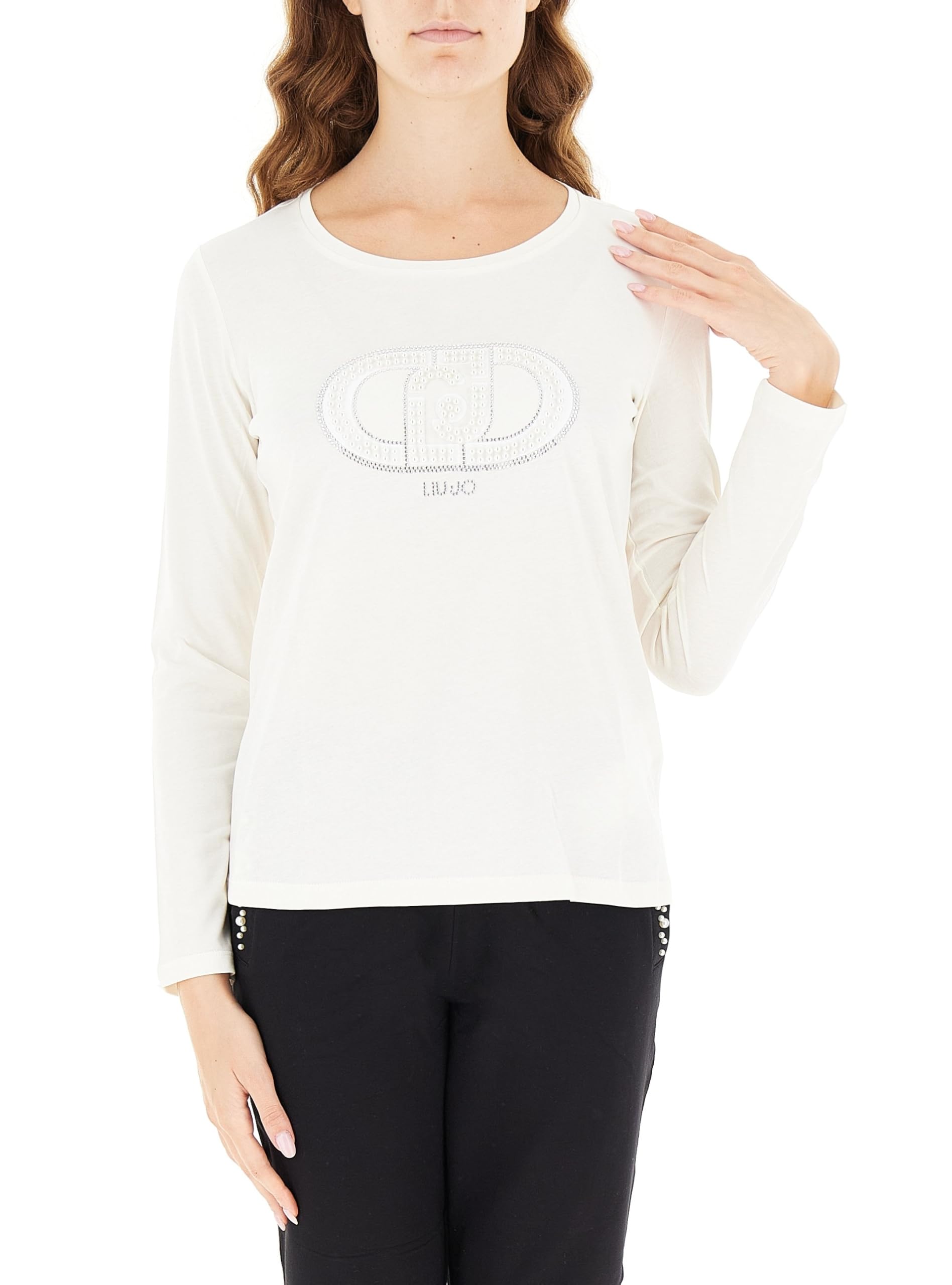 Liu Jo T-Shirt Manica Lunga in Cotone con Logo/Perle TF5299