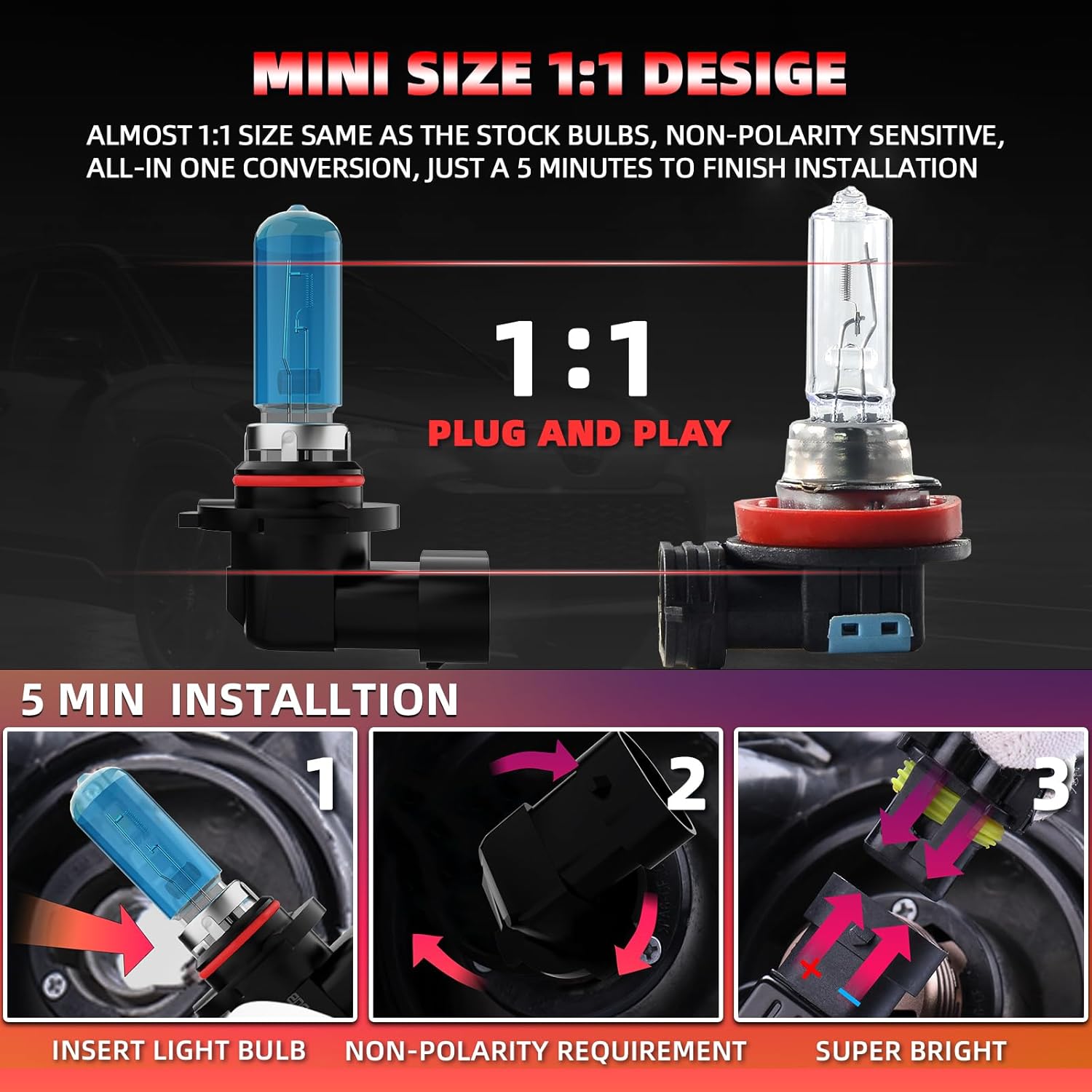 Upgraded Halogen Headlight Bulbs Fit For Nissan Rogue 2008-2013,9005/H10/HB3 High Beam H11/H8/H9 Low Beam Super Bright Headlights,6000K White,Plug n Play,4-Pack