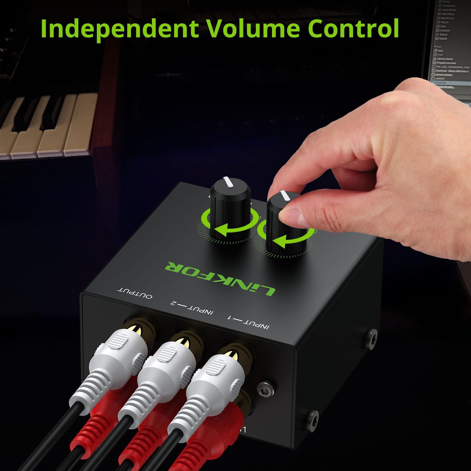 LiNKFOR 2-Kanal Aktiv Audio Mixer - 2 Eingänge, 1 Stereo Cinch Ausgang Mini-Stereomischer Vergoldeten Aktiver Mischer Mischpult für Verstärker, Boxen PC, TV, Konsole, CD