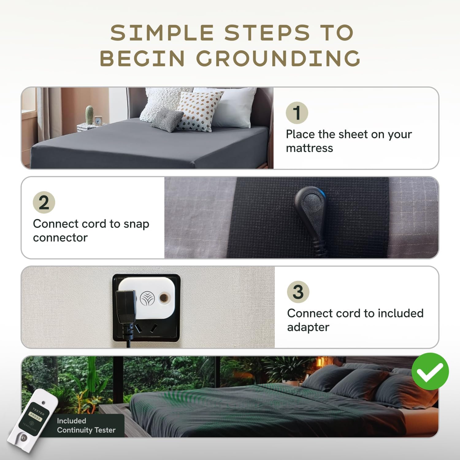 Grounding Sheets Queen, 12% Pure Silver, Organic Cotton, Cool, Soft, Fitted Earthing Sheets with Deep Pockets, Includes Continuity Tester, Adapter, 2 Cords, Connected Bedding