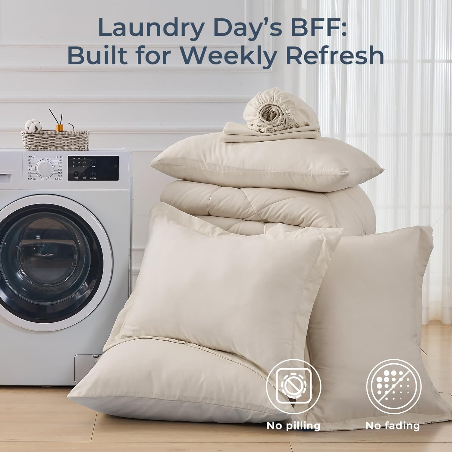 HEVUMYI Beige Tan Queen Comforter Set - 7-Piece All Season Bed in a Bag Queen, Ultra Soft Bedding Set with Comforter, Flat Sheet, Fitted Sheet, Pillowcases, Pillow Shams, Beige Tan - Image 7