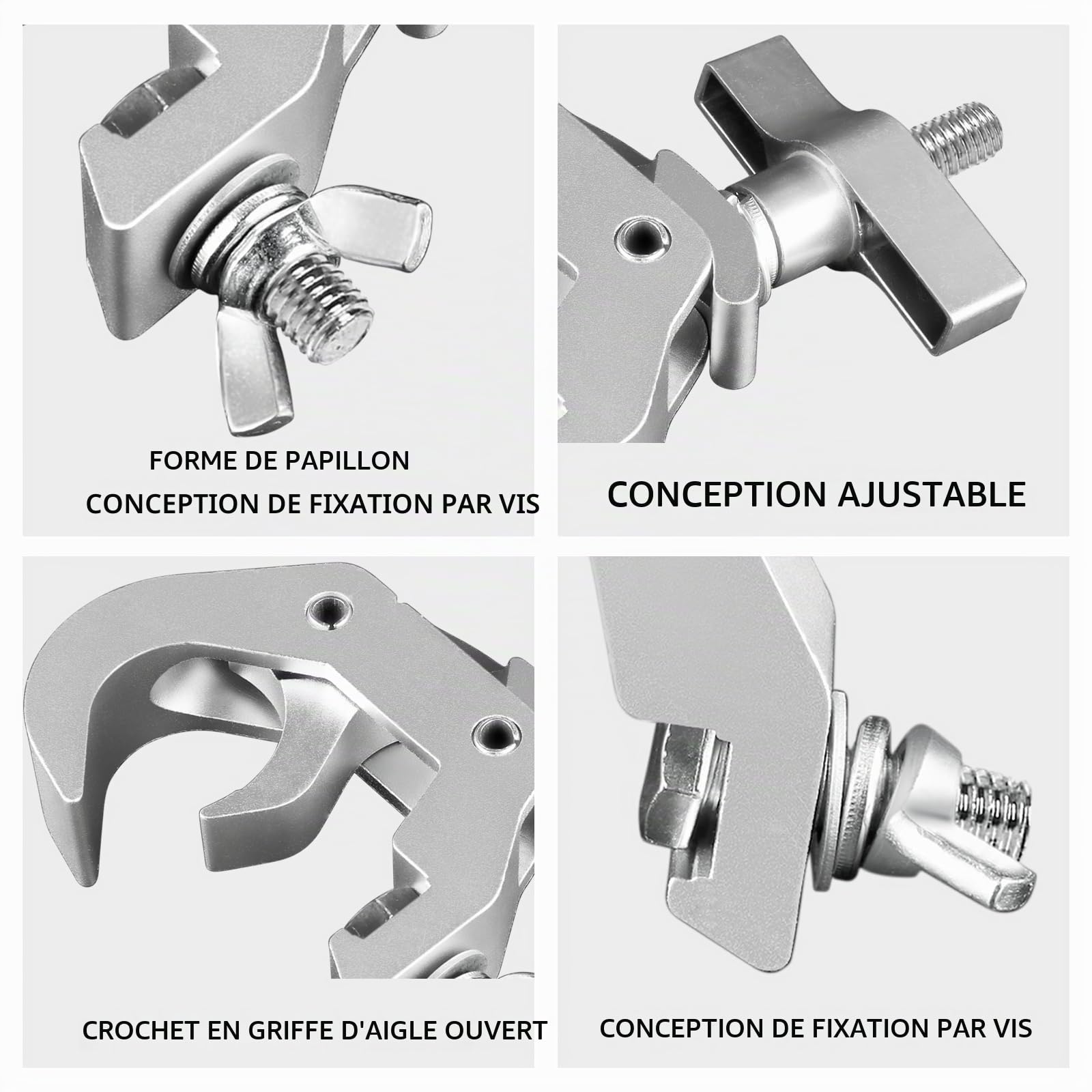 Équipement et accessoires d'éclairage de scène, Pinces en C en aluminium pour échafaudages, durables et réglables, 40-52 mm, avec une portée de 150 kg/330 lb (Lot de 4)