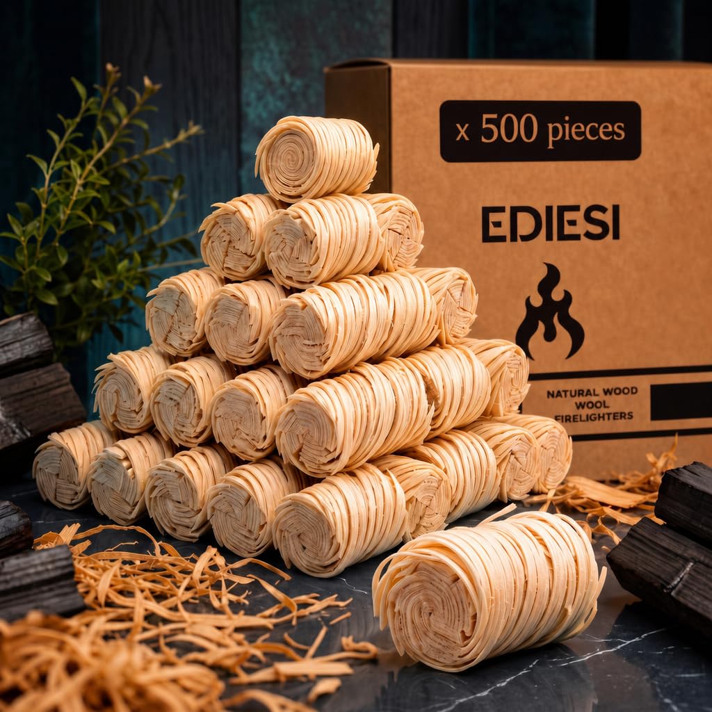 Ediesi Allume-Feu Naturel en Laine de Bois, (500 unités), Allume Barbecue, Cheminée et Poêle, Peuplier et Cire Naturelle, Inodore et sans Toxiques, Allumage Rapide