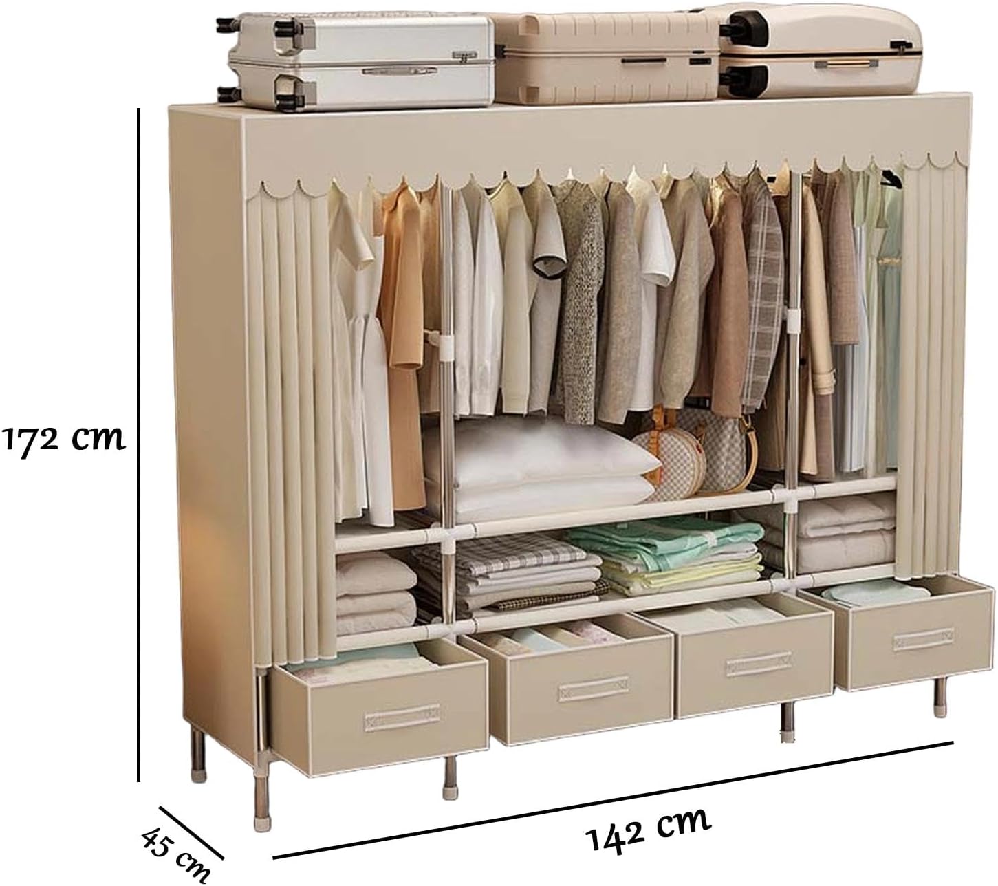 クローゼット 引出し付き 組立式 ワードローブ ハンガーラック カバー付き 家庭用衣類収納キャビネット 寝室・寮用 収納整理 サイズ