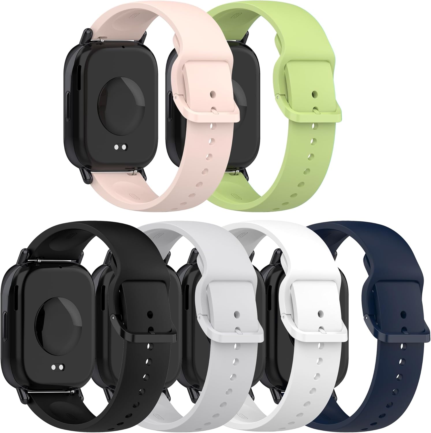 Six E ECSEM sport bands in various colors (pink, green, black, white, light grey, dark blue) with Sanorum G56 smartwatches attached.