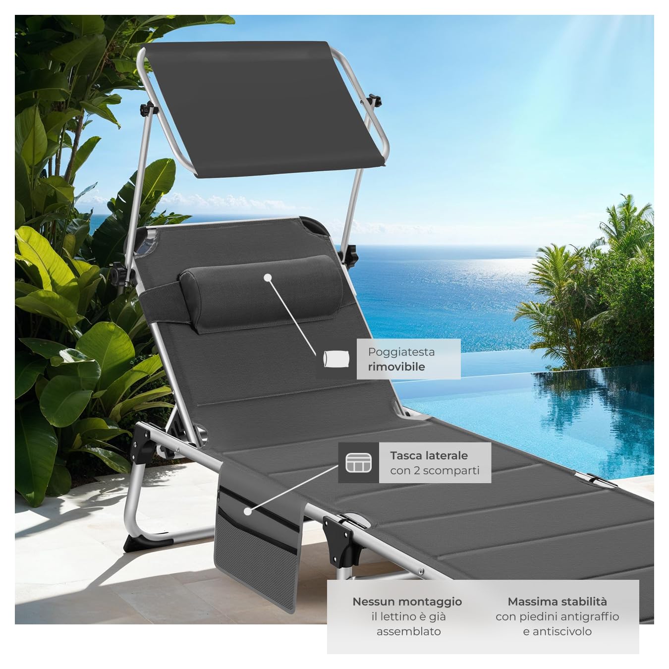 tectake® Sdraio da Mare, Sdraio da Spiaggia Pieghevole con Parasole, Sdraio da Giardino con Schienale Regolabile in 6 Posizioni, Cuscino Poggiatesta Removibile e Tasca Laterale - Grigio