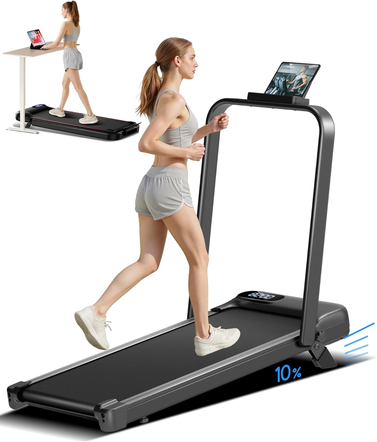 10% Incline Treadmills for Home and Office, 4-in-1 Foldable Under Desk Treadmill, Portable Walking Pad Treadmill, 2.5 HP Quiet Walking Pad with 300 LBS Capacity