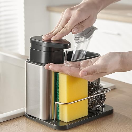 Dispensador de jabón para fregadero de cocina y baño, soporte de esponja 3 en 1 para cocina, organizador de dispensador de jabón para platos,