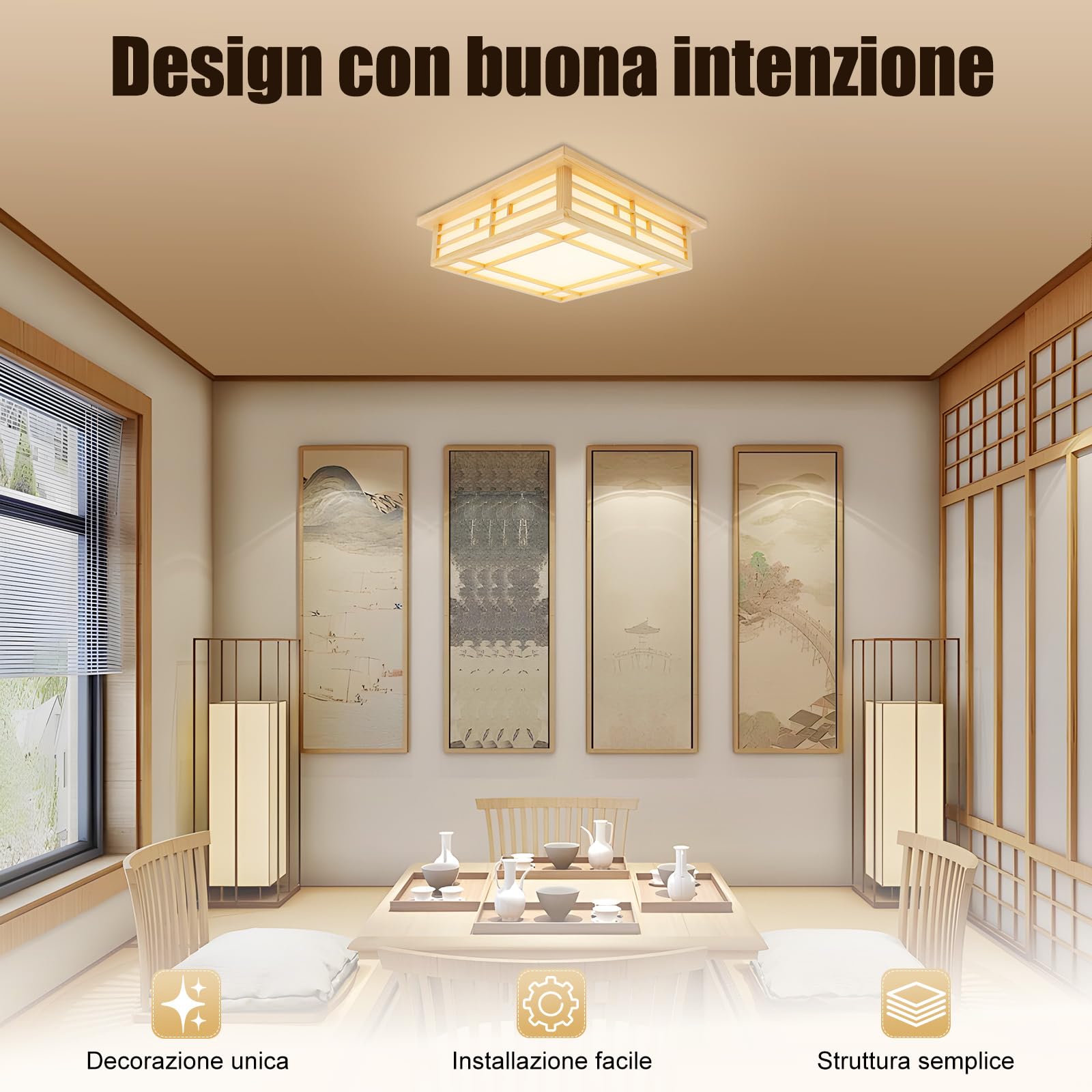 Plafoniera a LED in legno, lampada giapponese con luce calda, lampadario in pelliccia di agnello per soggiorno, camera da letto, sala da pranzo, corridoio, balcone