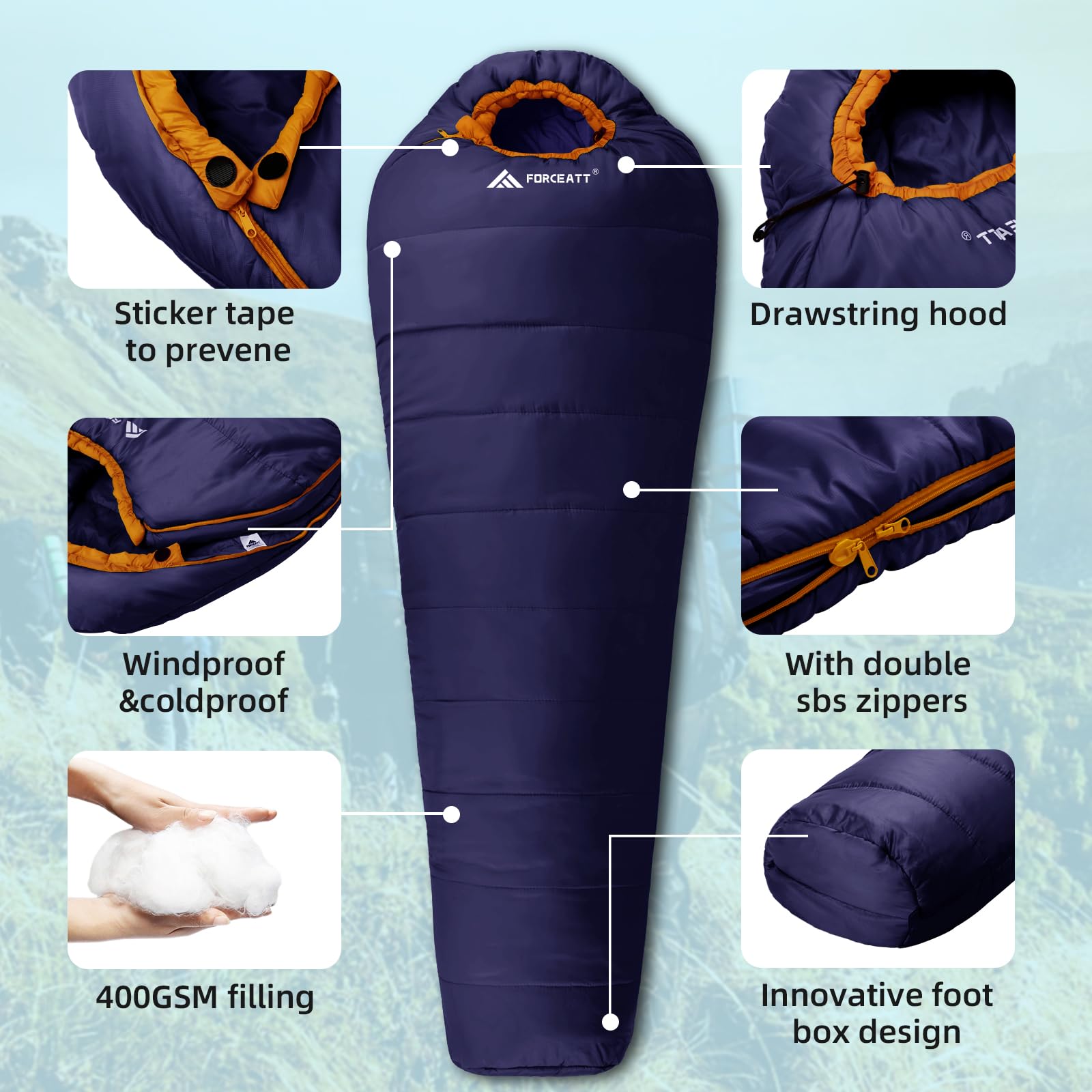 Forceatt Saco de Dormir Momia,Temperatura Aplicable es 0℃-20℃,Sacos de Dormir Compacto para Adultos,3-4 Estaciones,Resistente al Agua y al Desgarro,Ideal para Camping y Trekking