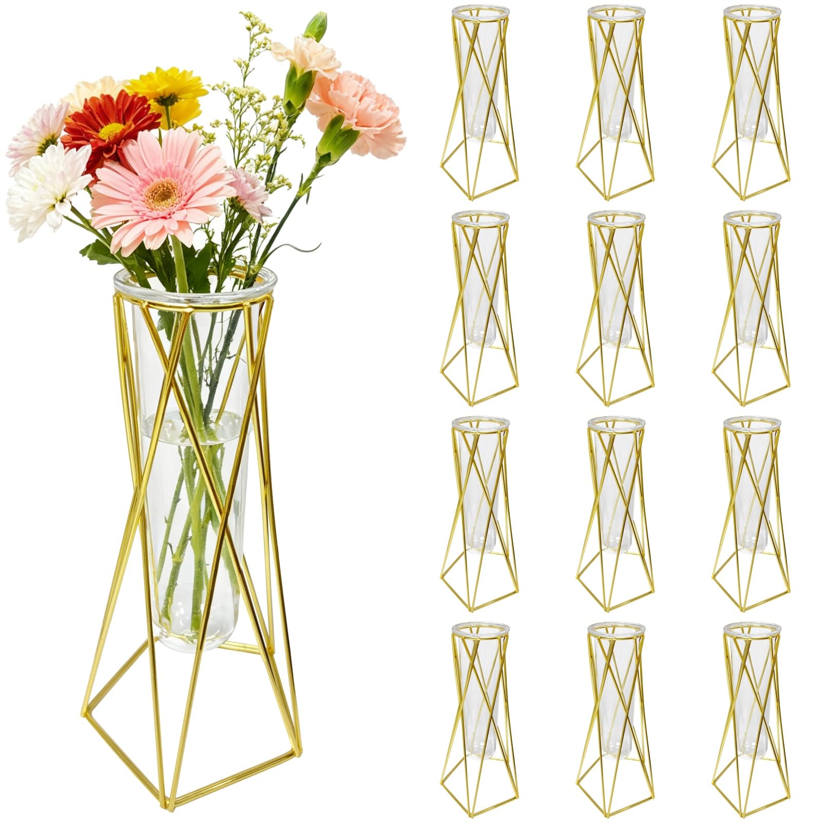 View 1 of 12 PCS Golden Geometric Vase for Centerpieces, Glass Tube with Metal Stand, Modern Wedding Table Decoration, Hydroponic Flower Holder Plant Pot for Home Office Party Decor