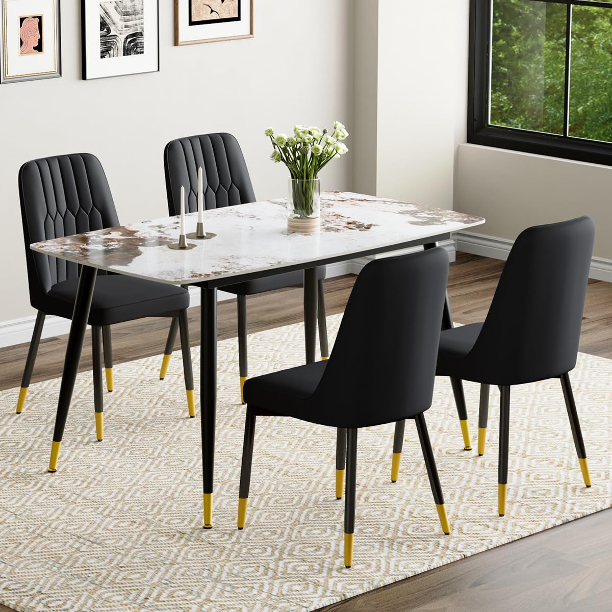 MUUOKY Small Dining Table Set for 4，50'' Sintered Stone Table with 4 Chair Dining Table Set，Easy to Assemble，Suitable for Small Spaces