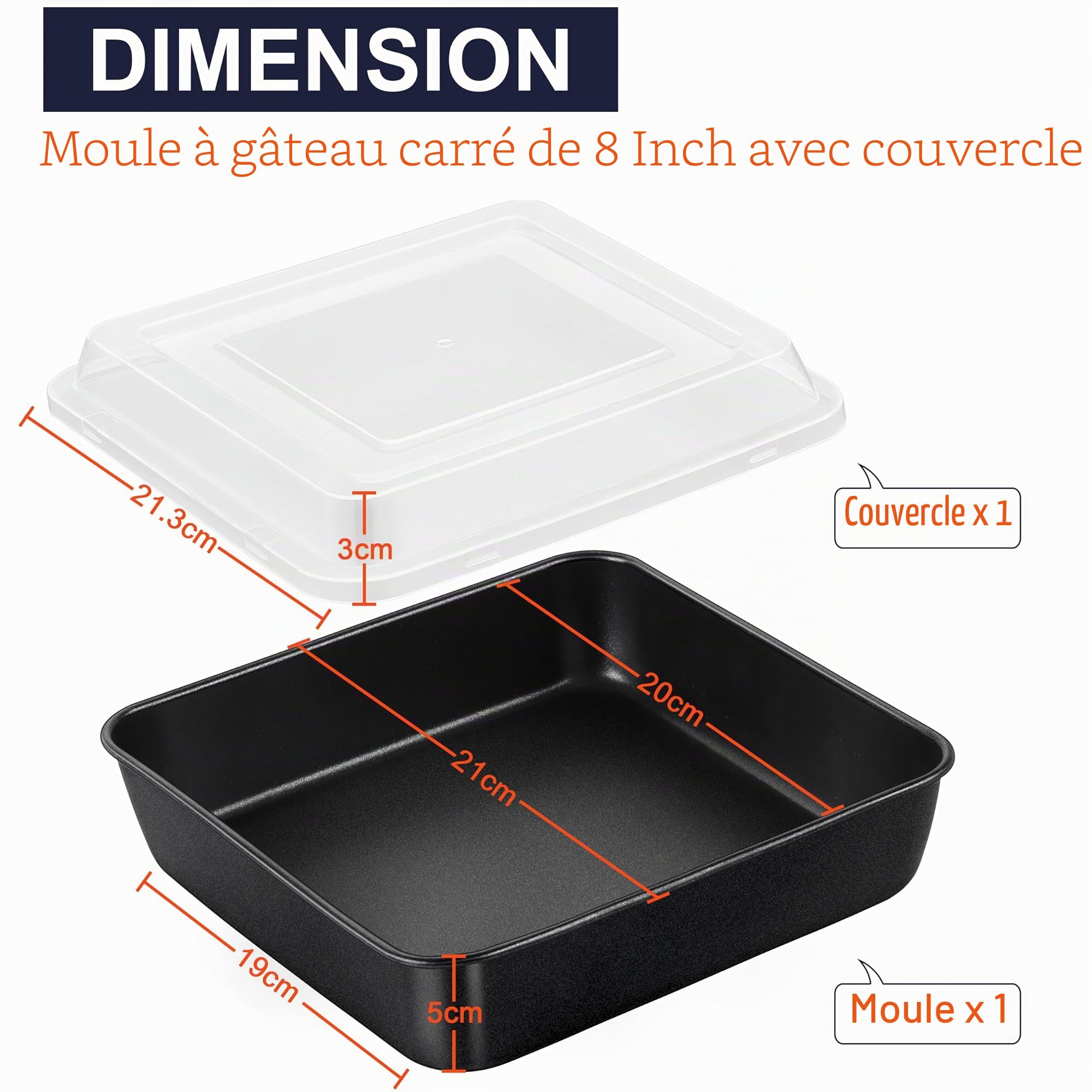 Joyfair Moule à gâteau carré de 20 cm en acier inoxydable anti-adhésif avec couvercle, idéal pour rôtir et stocker des brownies, lasagnes, fruits et restes, facile à démouler et à nettoyer, noir