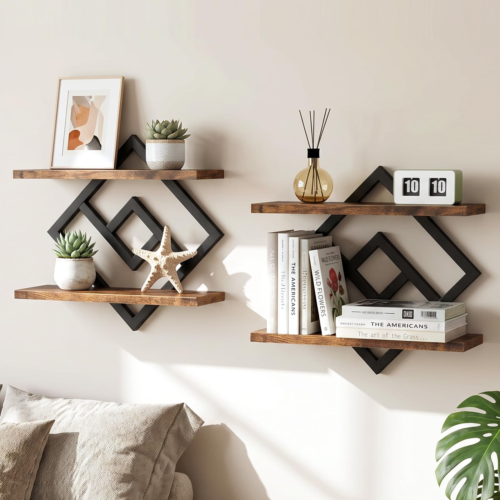 Floating Shelves Set of 2 Wall Mounted Shelves 2 Tier Wood Hanging Shelves