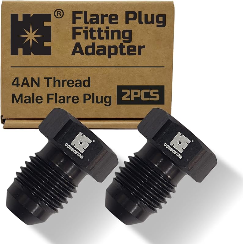 Adaptador tampão macho 4AN para conexão flare HE COSMOSTAR, rosca 7/16-20 UNF em alumínio 6061-T6 anodizado preto – Pacote com 2