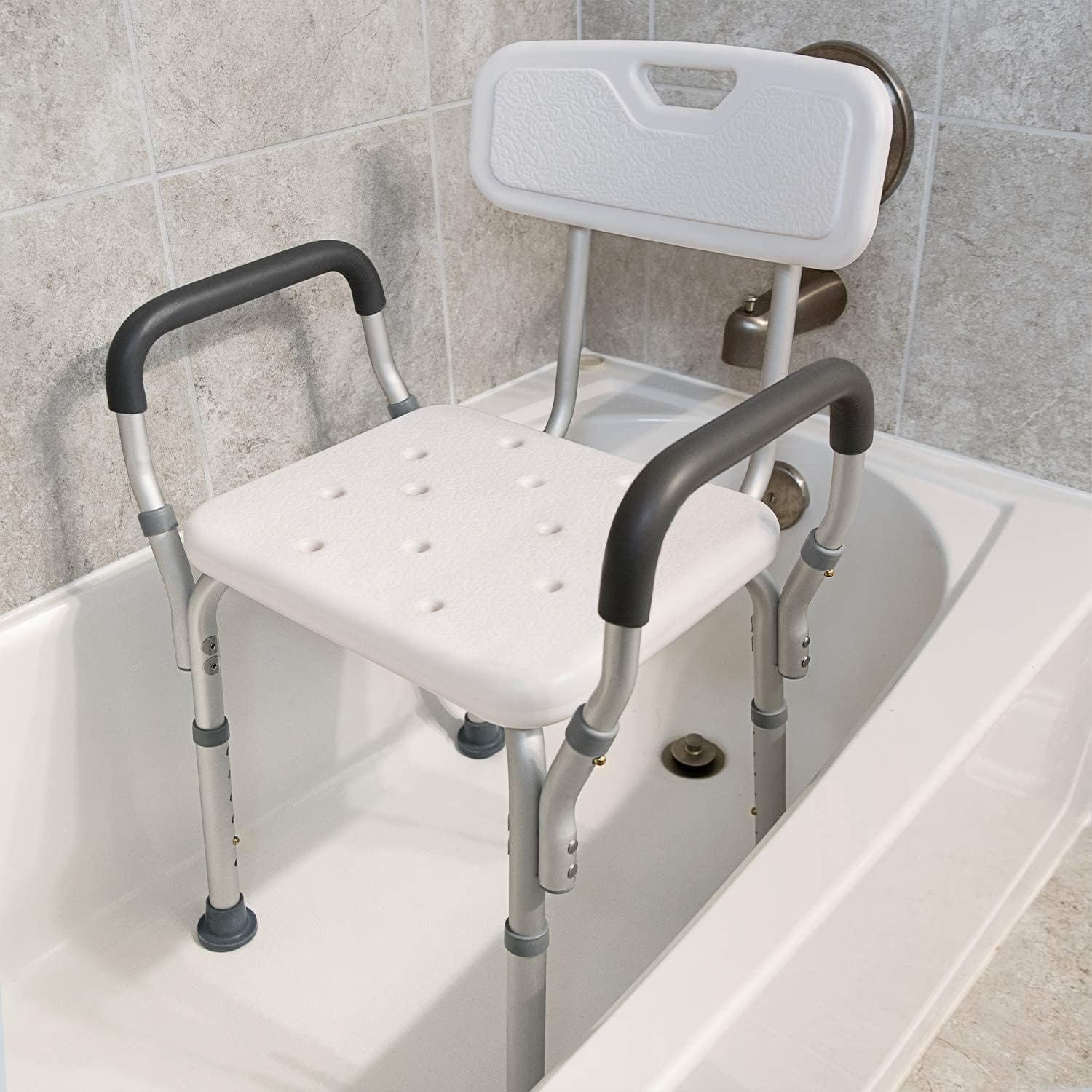 Vaunn Medical Deluxe Spa Shower Chair with Arms and Back, Bath Seat for Seniors, 350 lbs Max Weight, White With Light Gray Arms