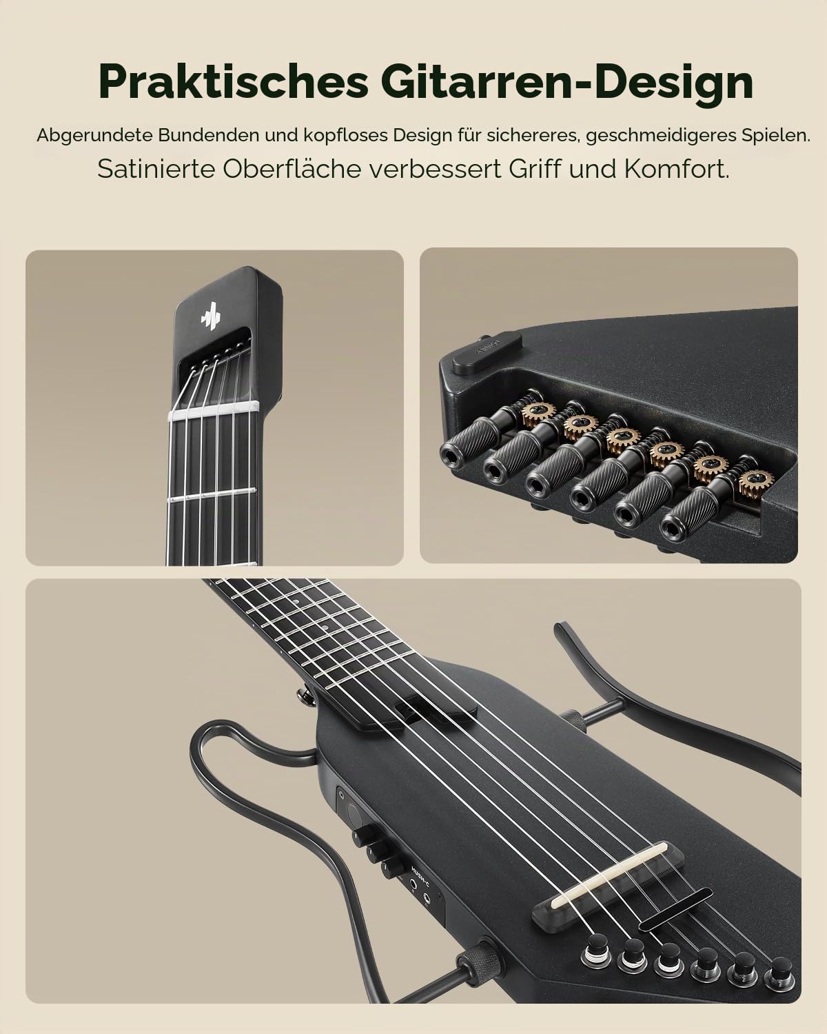Donner HUSH-C Nylon-Saiten Reisegitarre, Akustik-Elektrik Gitarre, Ultraleichte Silent-Gitarre für leises Üben, mit Kopfhöreranschluss, integriertem Stimmgerät & Tasche, Schwarz