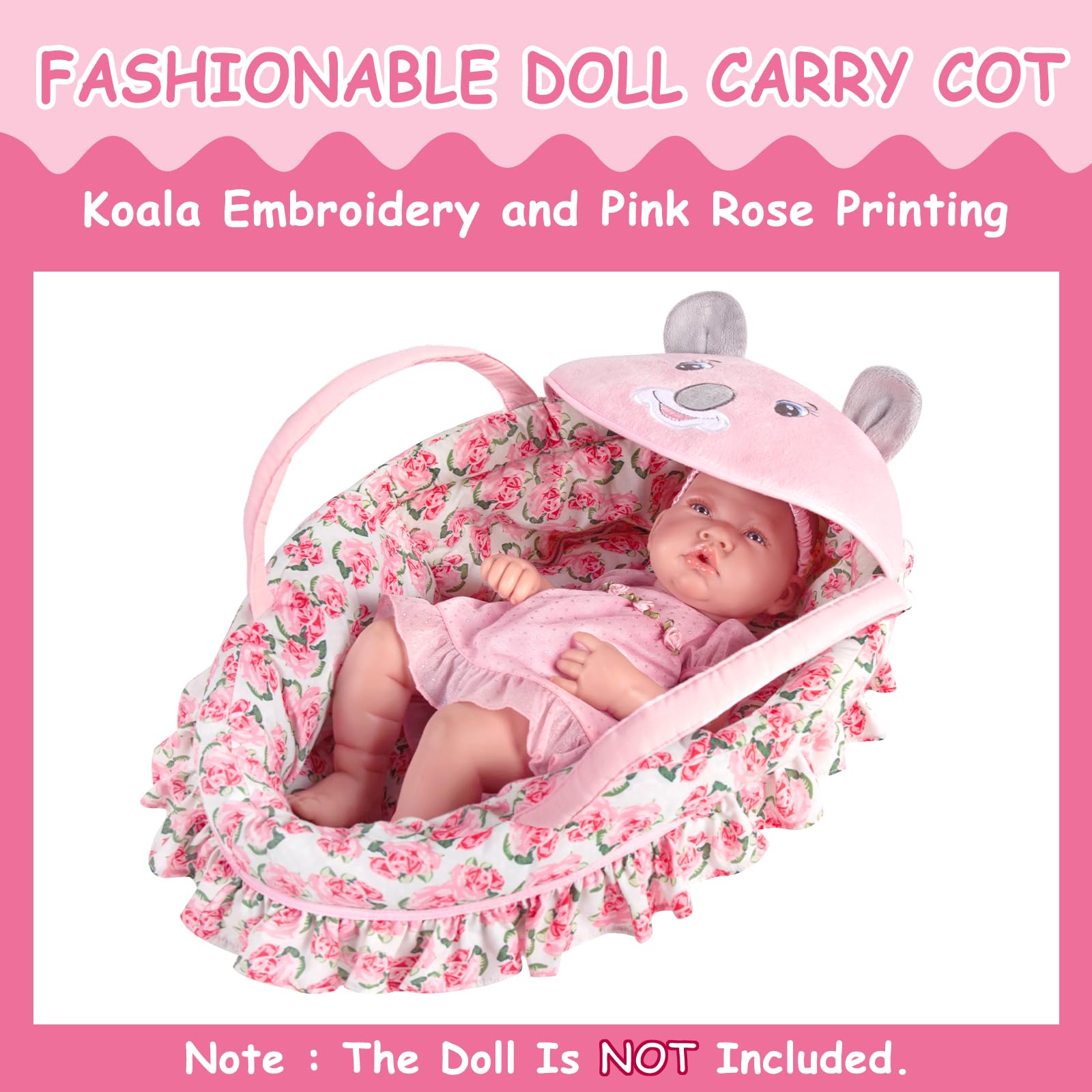 Rakki Dolli Doll Carry Cot Doll Carry Crib Doll Carrier with Fashion Koala Embroidery Pink Rose Printing, Fits for 16” 18” American Girl Dolls