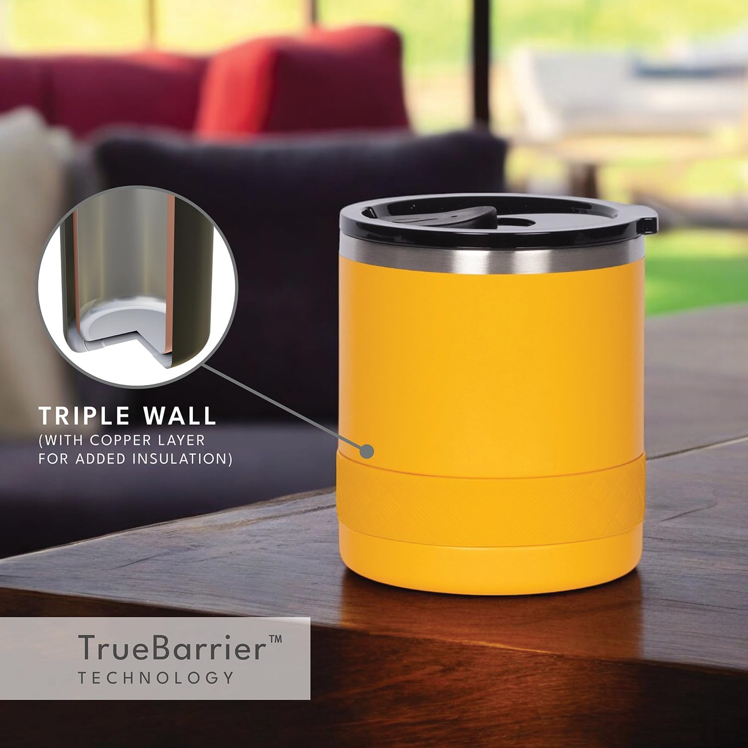 Elemental Recess Lowball Tumbler, 10oz Triple Wall Stainless Steel Cup with Non-Shattered Tritan Lid, Insulated Whiskey Glass, Insulated Coffee Tumbler Mug for Hot & Cold Drinks - Citrus - Image 3