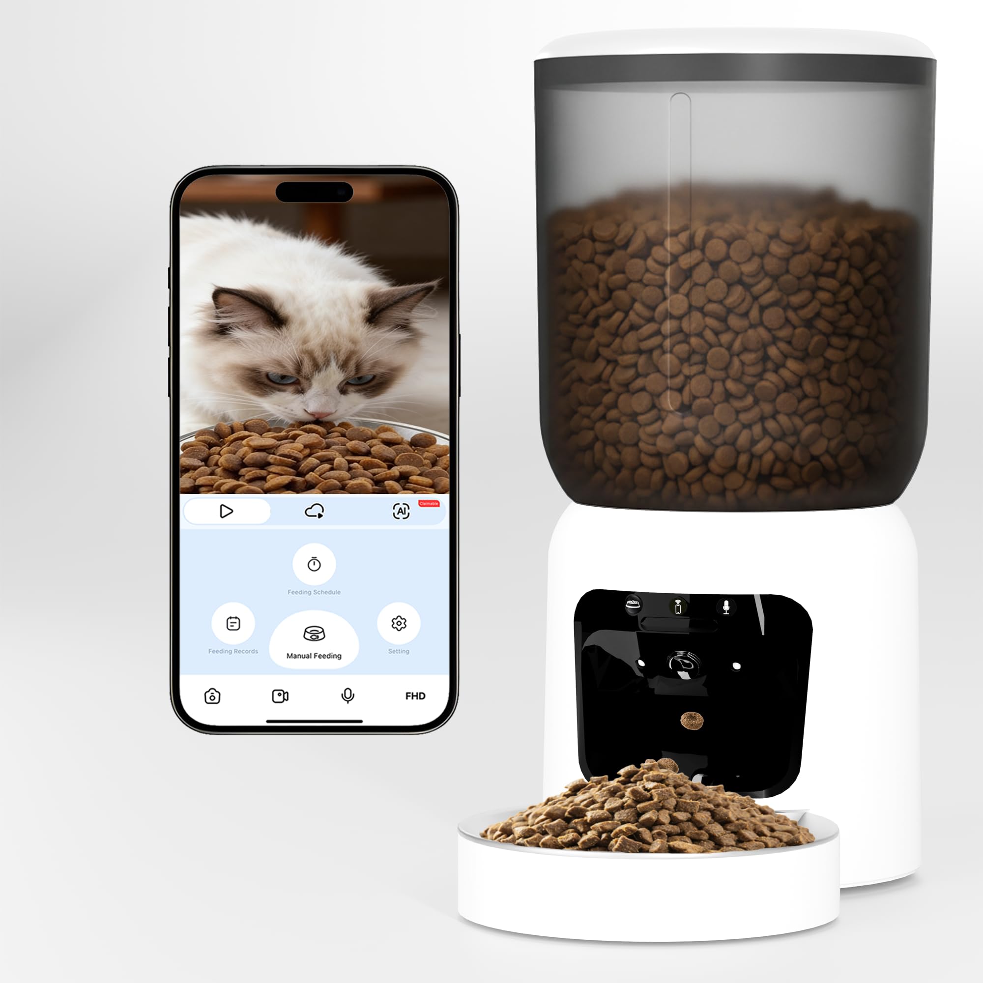 Automatic Cat Feeder with 2K Camera, 5G WiFi Smart Pet Food Dispenser for Cats & Small Dogs, 6L Large Capacity Timed Auto Feeder with App Control, Night Vision, 2-Way Audio & Detachable Design (White)