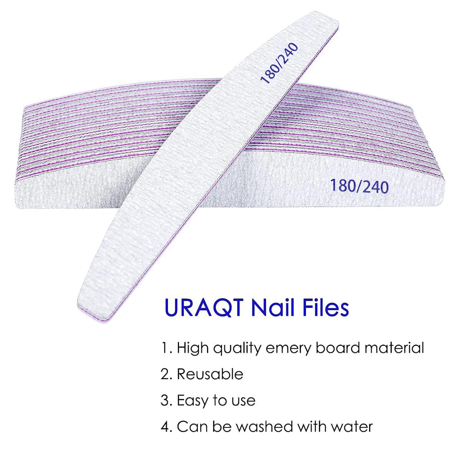 URAQT 16 Pezzi Lime per Unghie 180/240, Professionali Lavabile a Doppia Faccia, Mezza luna Bilaterale Strumenti per la Cura Degli Unghie, per Uso Domestico e Salone (Bianco)