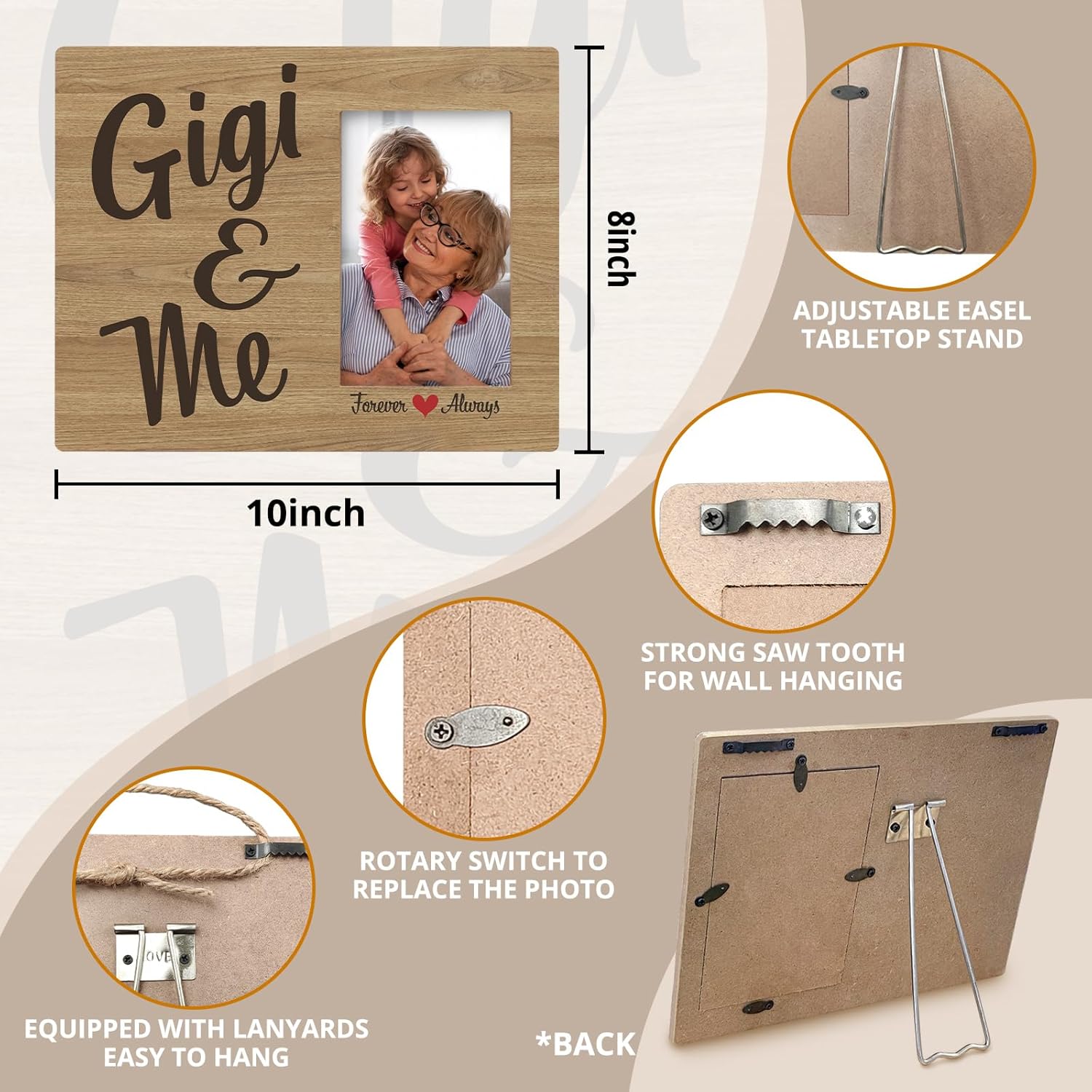 Gigi and Me Picture Frame, Gigi Gifts for Grandma, Grandma Birthday Mothers Grandparents Day Gifts, Grandkids Photo Frame, Grandma Grandparents Grandchildren Wood Picture Frames for 4x6 Photo - Image 7