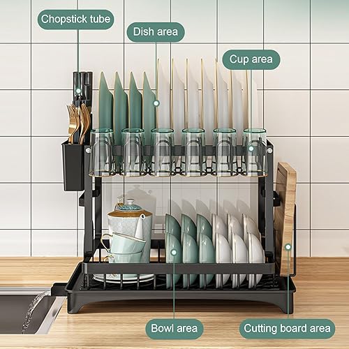 Miniatura 2 de AOZBZ Escurridor de platos  Estante de secado de platos de 2 niveles que ahorra espacio para encimera de cocina, resistente al óxido, estante de